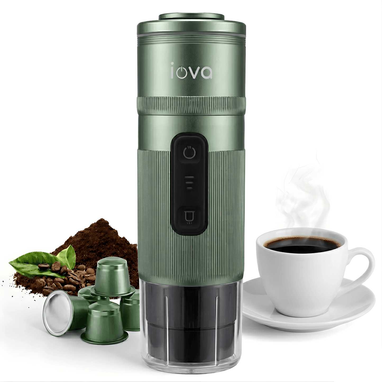 IOVA Portable Espresso Machine Self Heating | Mini Coffee Maker for Travel, Camping, Car | USB-C Rechargeable 13500mAh | Nespresso Capsule & Ground Coffee Compatible (Green)