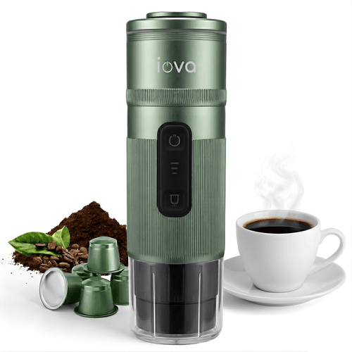 IOVA Portable Espresso Machine Self Heating | Mini Coffee Maker for Travel, Camping, Car | USB-C Rechargeable 13500mAh | Nespresso Capsule & Ground Coffee Compatible (Green)