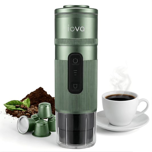 IOVA Portable Espresso Machine Self Heating | Mini Coffee Maker for Travel, Camping, Car | USB-C Rechargeable 13500mAh | Nespresso Capsule & Ground Coffee Compatible (Green)