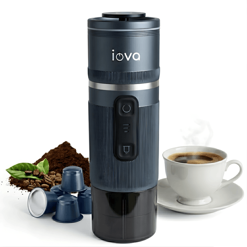 IOVA Portable Espresso Machine Self Heating | Mini Coffee Maker for Travel, Camping, Car | USB-C Rechargeable 13500mAh | Nespresso Capsule & Ground Coffee Compatible (Blue)
