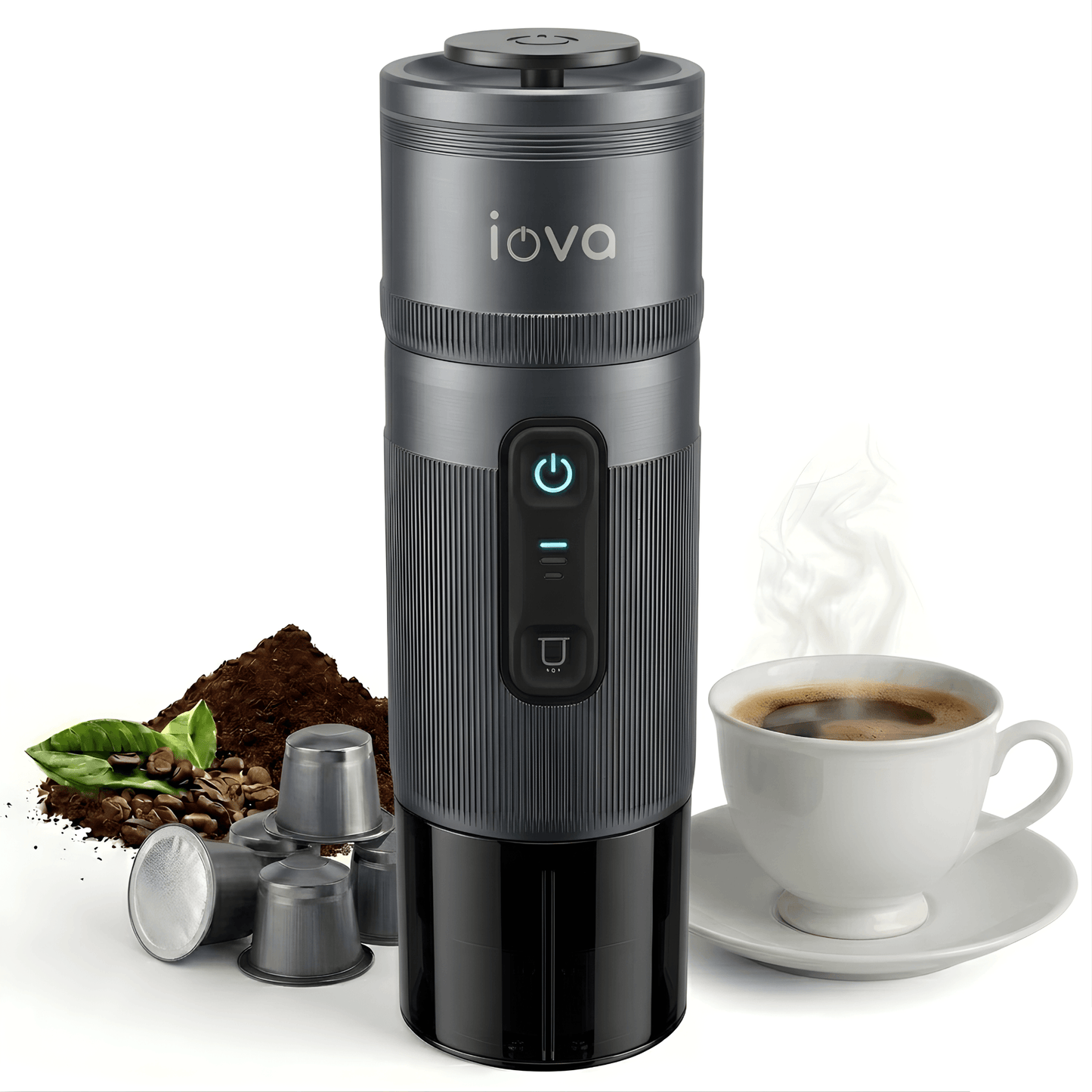 IOVA Portable Espresso Machine Self Heating | Mini Coffee Maker for Travel, Camping, Car | USB-C Rechargeable 13500mAh | Nespresso Capsule & Ground Coffee Compatible (Grey)