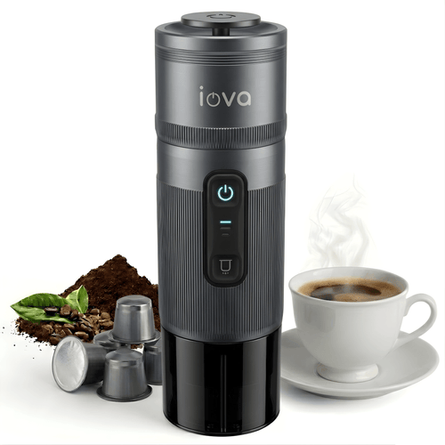 IOVA Portable Espresso Machine Self Heating | Mini Coffee Maker for Travel, Camping, Car | USB-C Rechargeable 13500mAh | Nespresso Capsule & Ground Coffee Compatible (Grey)