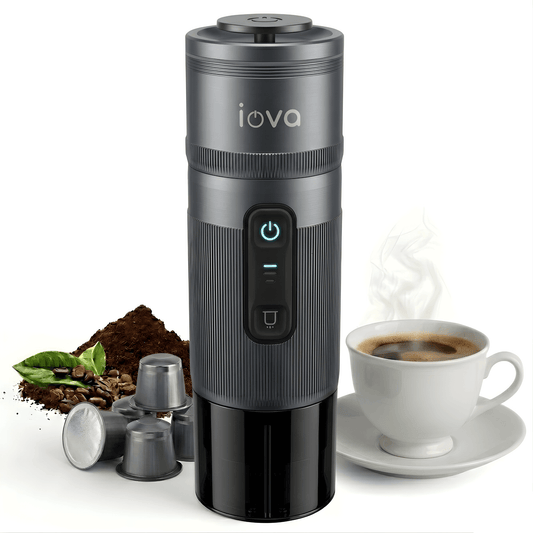IOVA Portable Espresso Machine Self Heating | Mini Coffee Maker for Travel, Camping, Car | USB-C Rechargeable 13500mAh | Nespresso Capsule & Ground Coffee Compatible (Grey)