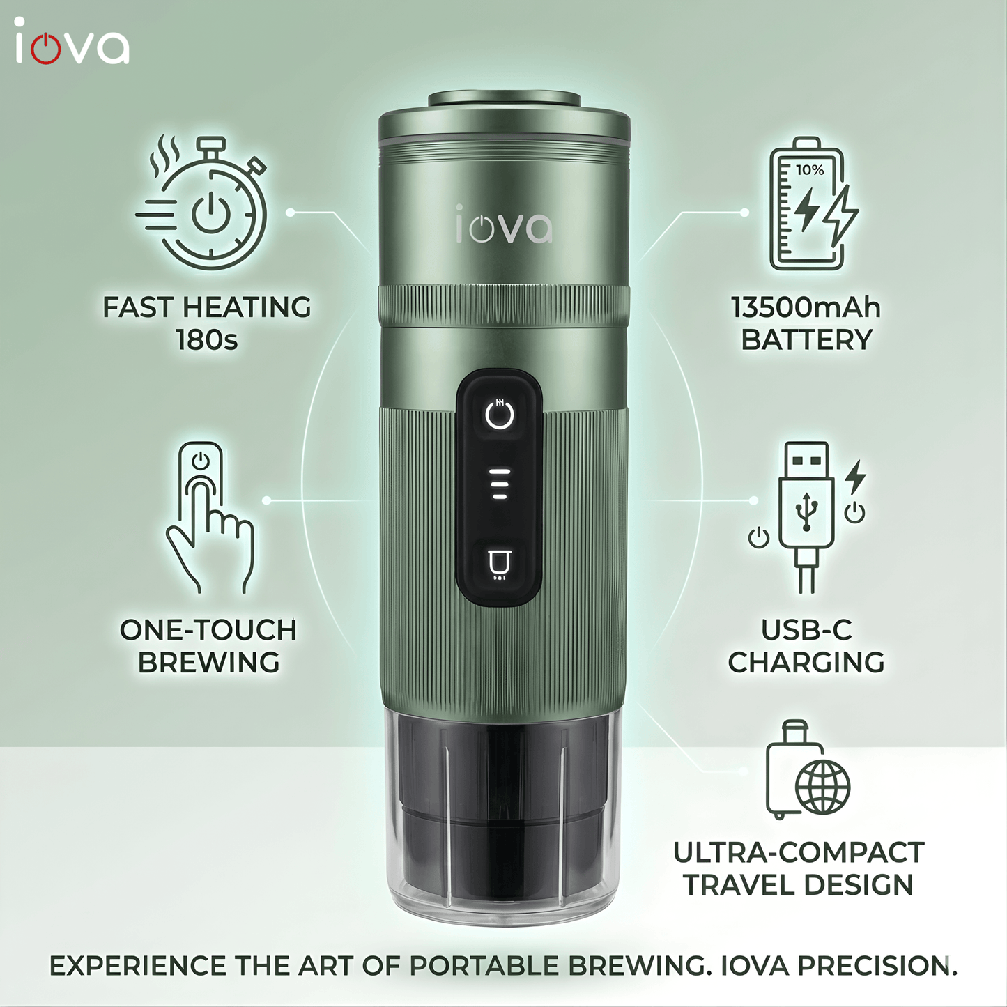 IOVA Portable Espresso Machine Self Heating | Mini Coffee Maker for Travel, Camping, Car | USB-C Rechargeable 13500mAh | Nespresso Capsule & Ground Coffee Compatible (Green)