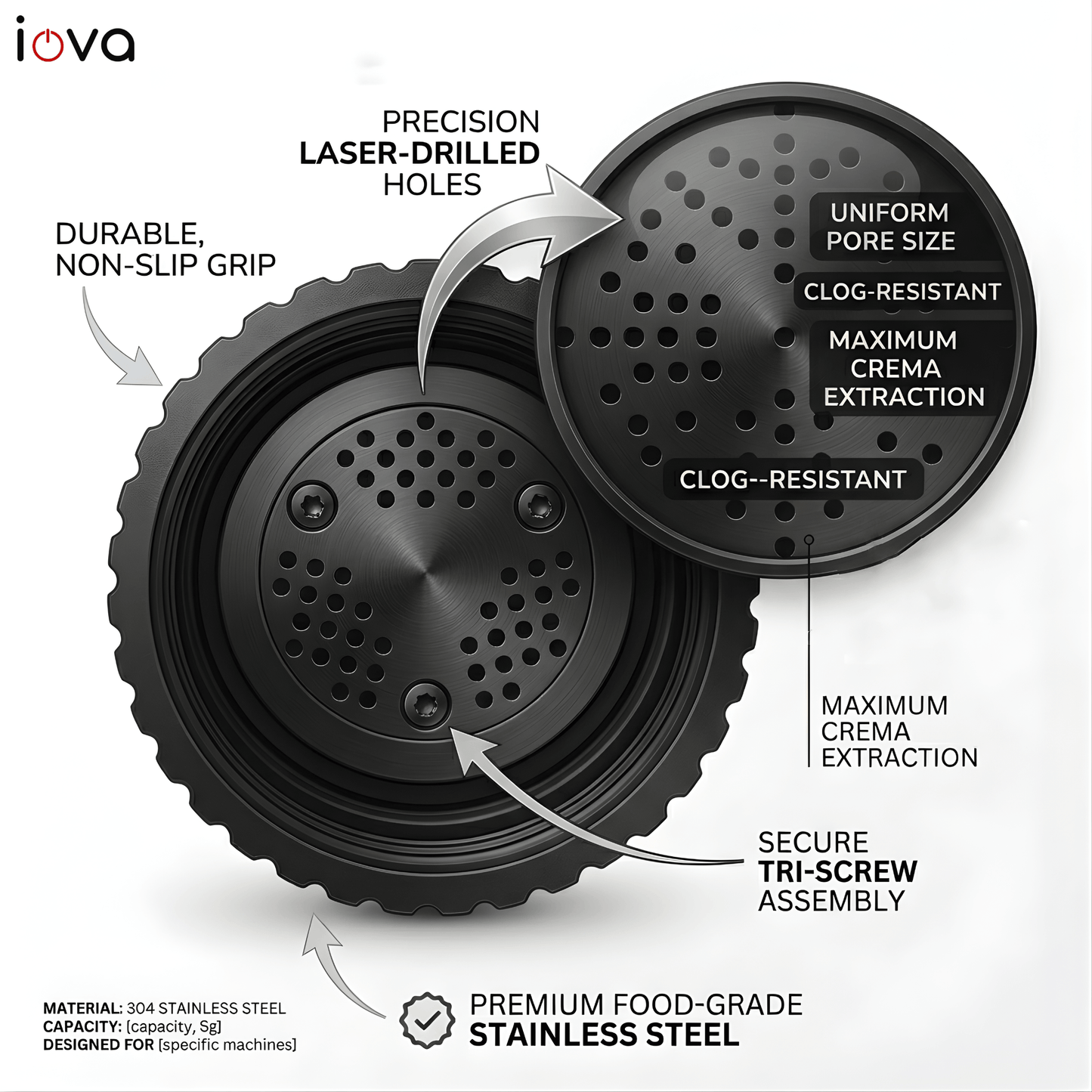IOVA Reusable Ground Coffee Capsule Filter | Stainless Steel Espresso Pod for Portable Coffee Machines | Refillable Coffee Filter 12g Capacity (53.3mm)
