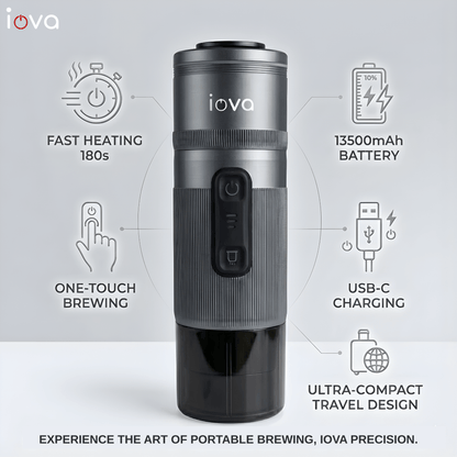 IOVA Portable Espresso Machine Self Heating | Mini Coffee Maker for Travel, Camping, Car | USB-C Rechargeable 13500mAh | Nespresso Capsule & Ground Coffee Compatible (Grey)