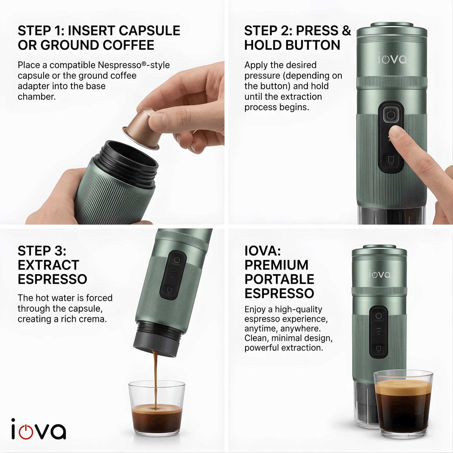 IOVA Portable Espresso Machine Self Heating | Mini Coffee Maker for Travel, Camping, Car | USB-C Rechargeable 13500mAh | Nespresso Capsule & Ground Coffee Compatible (Green)