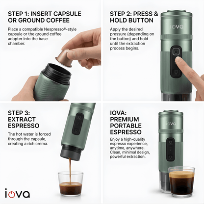IOVA Portable Espresso Machine Self Heating | Mini Coffee Maker for Travel, Camping, Car | USB-C Rechargeable 13500mAh | Nespresso Capsule & Ground Coffee Compatible (Green)