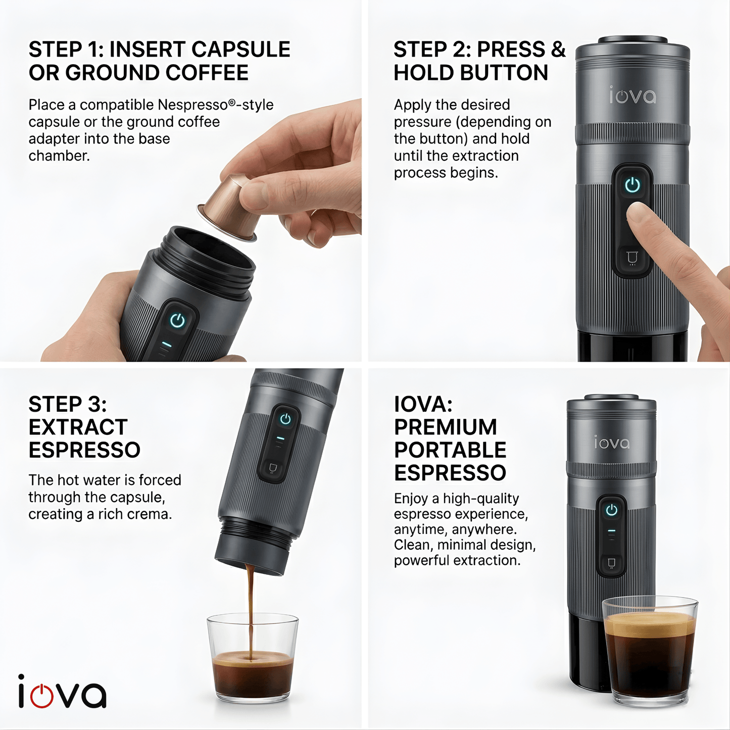 IOVA Portable Espresso Machine Self Heating | Mini Coffee Maker for Travel, Camping, Car | USB-C Rechargeable 13500mAh | Nespresso Capsule & Ground Coffee Compatible (Grey)