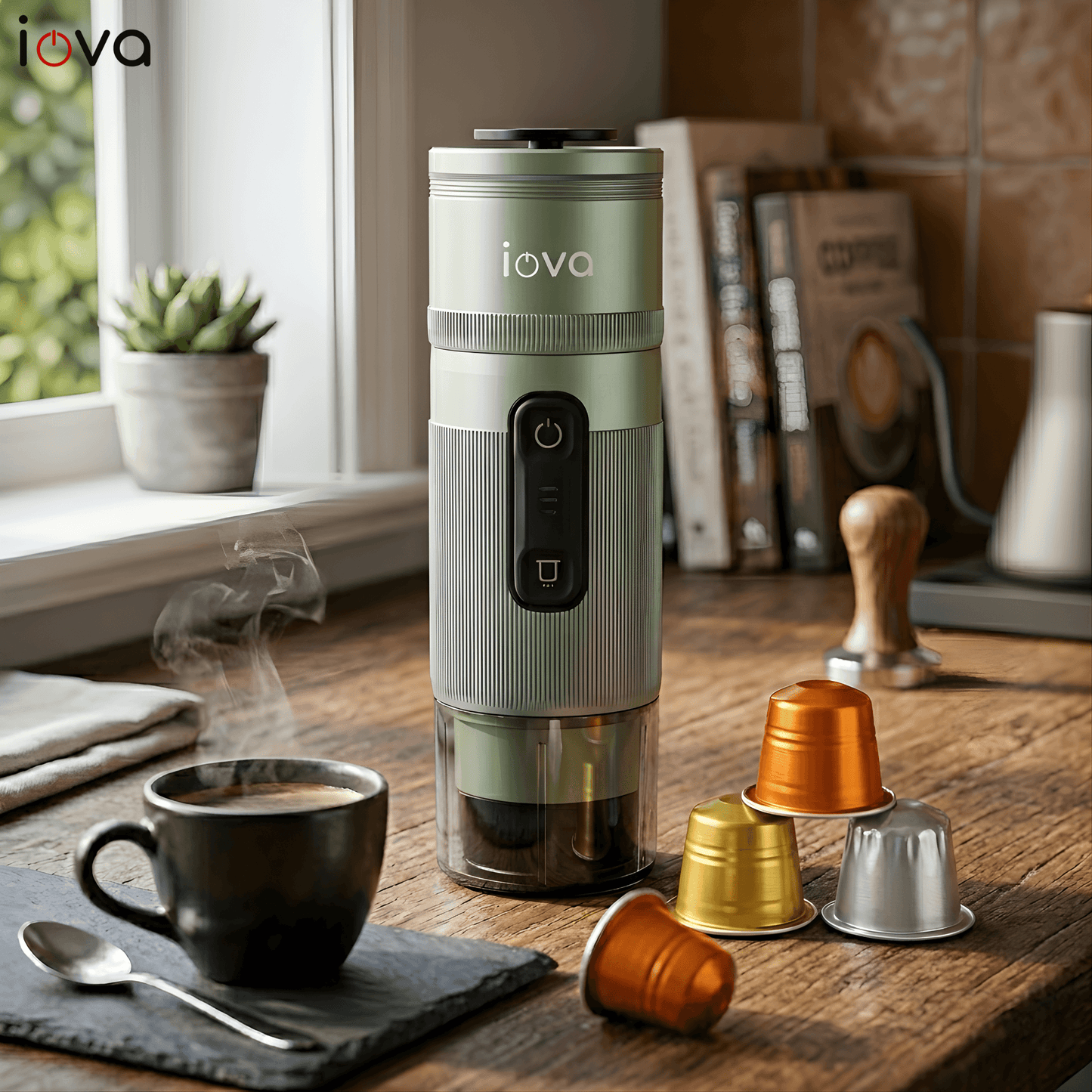 IOVA Portable Espresso Machine Self Heating | Mini Coffee Maker for Travel, Camping, Car | USB-C Rechargeable 13500mAh | Nespresso Capsule & Ground Coffee Compatible (Green)