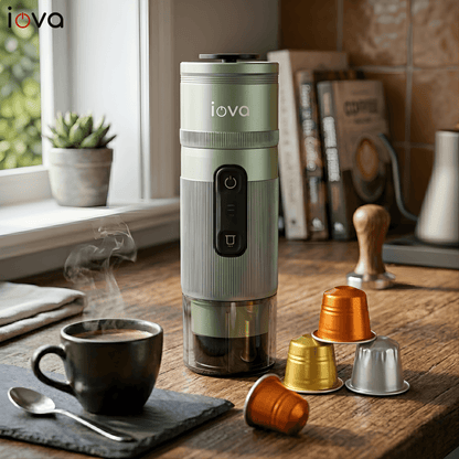 IOVA Portable Espresso Machine Self Heating | Mini Coffee Maker for Travel, Camping, Car | USB-C Rechargeable 13500mAh | Nespresso Capsule & Ground Coffee Compatible (Green)