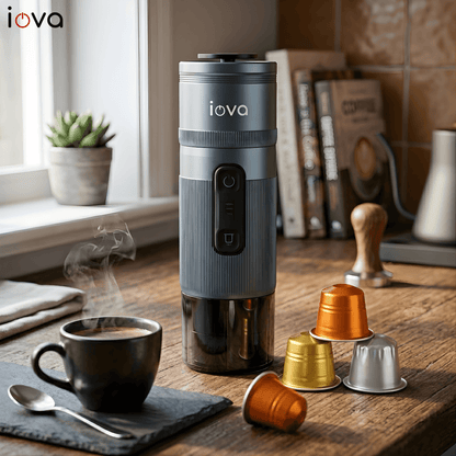 IOVA Portable Espresso Machine Self Heating | Mini Coffee Maker for Travel, Camping, Car | USB-C Rechargeable 13500mAh | Nespresso Capsule & Ground Coffee Compatible (Blue)