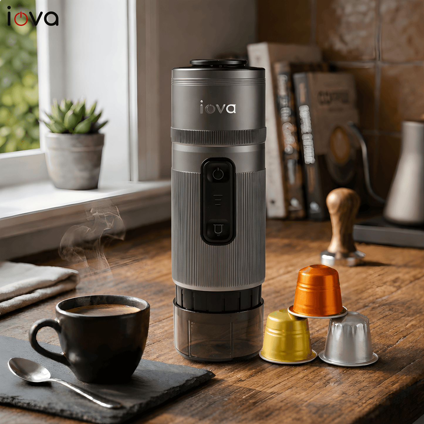 IOVA Portable Espresso Machine Self Heating | Mini Coffee Maker for Travel, Camping, Car | USB-C Rechargeable 13500mAh | Nespresso Capsule & Ground Coffee Compatible (Grey)